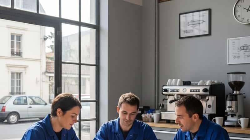 Réunion de techniciens automobiles en salle de pause d'un garage français, discutant de leurs droits au travail autour d'une table