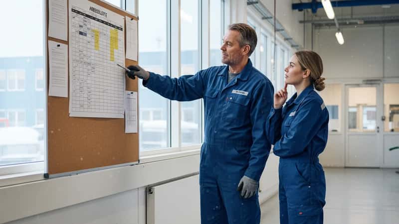 Skiftarbeider i Trondheim fabrikk diskuterer arbeidsplan med kollega ved oppslagstavle