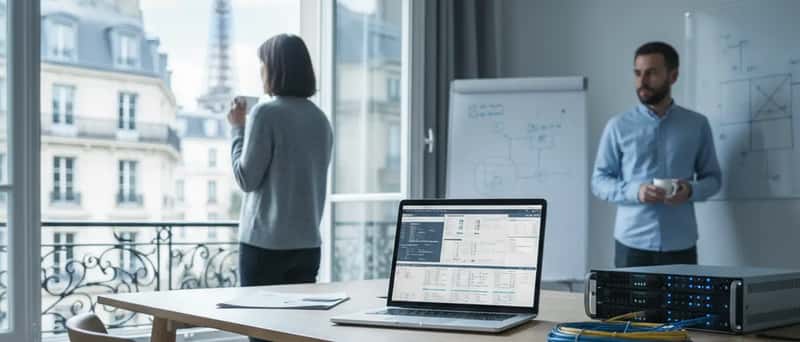 IT-tekniker kontrollerar nätverkskablar vid en server i ett modernt svenskt kontor