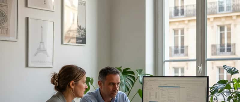 IT-tekniker förklarar systeminställningar för företagare vid en skrivbord i ett svenskt kontor