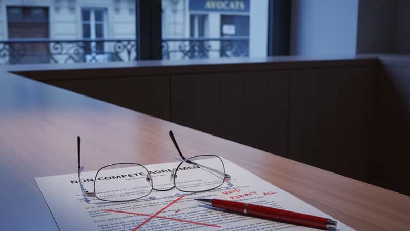 Non-compete agreement document on a Montpelier law firm desk with red-pen annotations, blue-hour interior light