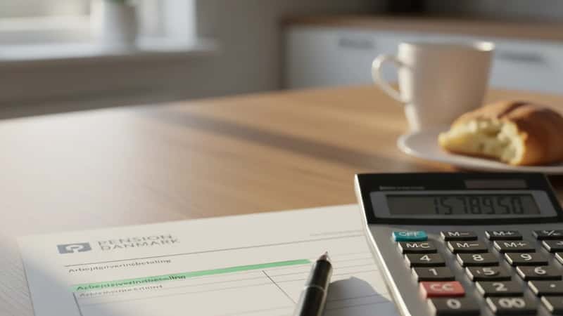 Pensionsopgørelse fra Pension Danmark på køkkenbord i Herning med grøn markering af arbejdsgiverbidrag, lommeregner og pen ved siden af