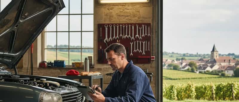 Kfz-Mechaniker verwendet ein digitales Diagnosegerät am Motor in einer österreichischen Autowerkstatt