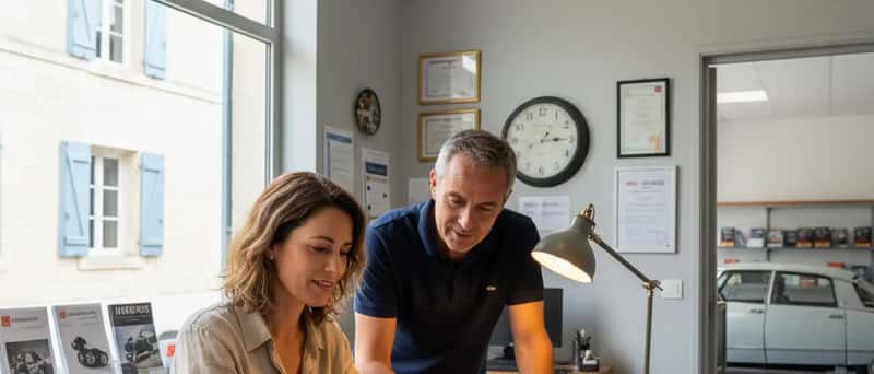 Kundin bespricht einen Kostenvoranschlag mit dem Werkstattleiter an der Rezeption einer Autowerkstatt