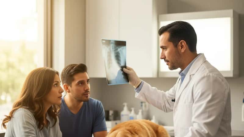 Veterinario Latino mostrando resultados de radiografía a propietarios preocupados con un Golden Retriever en la camilla, clínica veterinaria de Los Ángeles