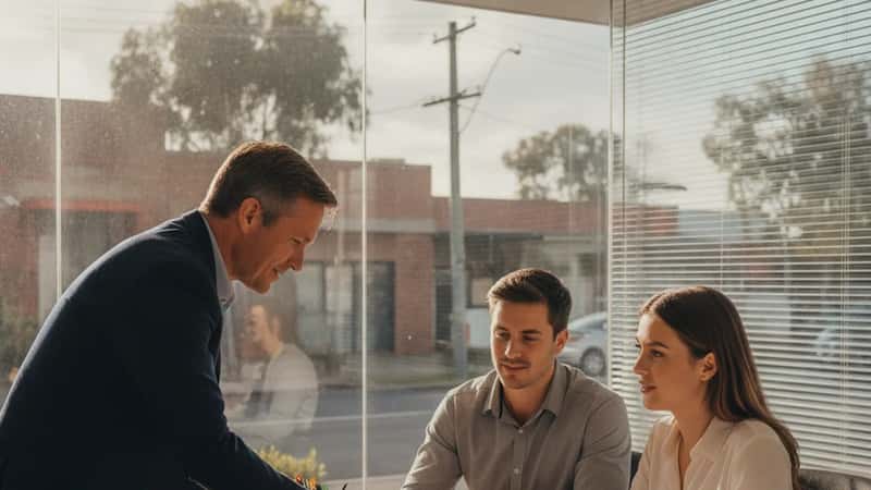 Mortgage broker presenting First Home Buyer Guarantee documents to a young couple in a Parramatta office, afternoon light through venetian blinds