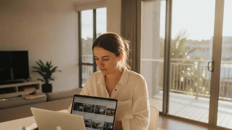 Young Australian woman at a kitchen bench in a Brisbane apartment reviewing property listings on a laptop alongside Housing Australia brochures, Queensland afternoon sunlight