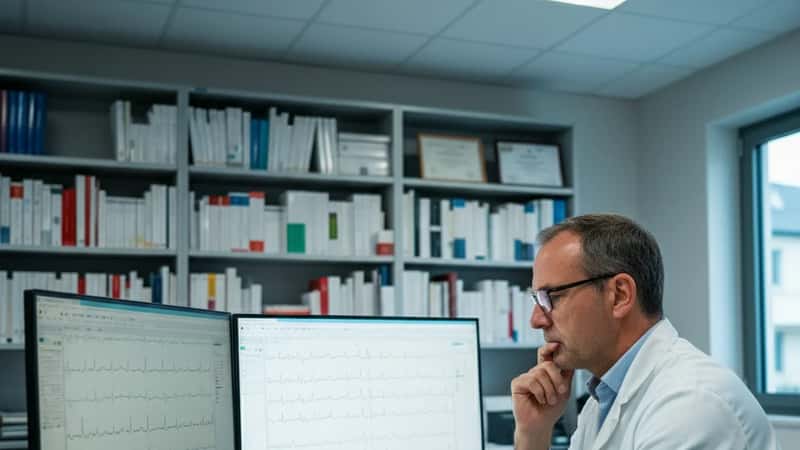 Cardiologue au CHU de Bordeaux analysant un enregistrement ECG longue durée sur double écran, éclairage bureau, analyse de rythme cardiaque
