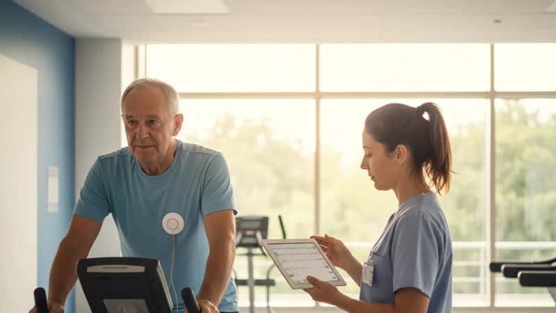 Patient en réhabilitation cardiaque à Bordeaux portant un capteur ECG pendant un exercice supervisé, physiothérapeute en arrière-plan avec tablette de monitoring