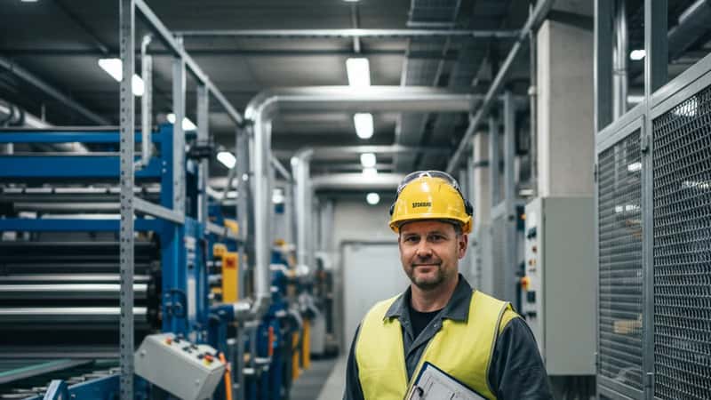 Paperiteollisuuden luottamusmies seisoo tehtaan käytävällä dokumenttikansion kanssa Varkaussa