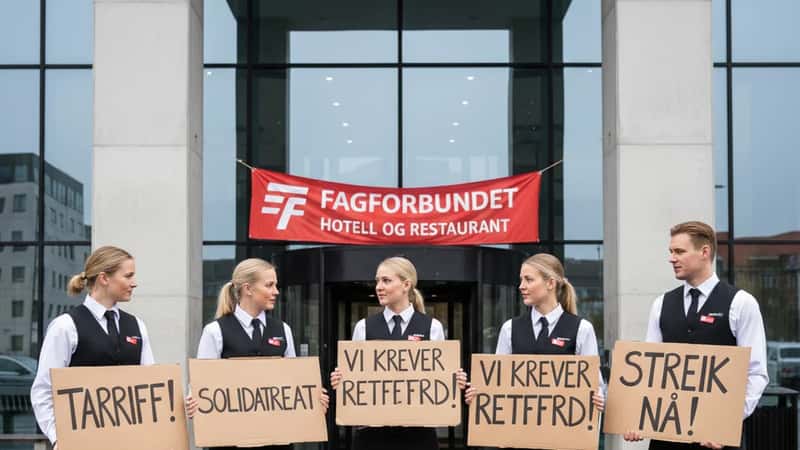 Hotell- og restaurantarbeidere i streik utenfor hotell i Stavanger, med fagforeningsplakater og solidaritetsbannere
