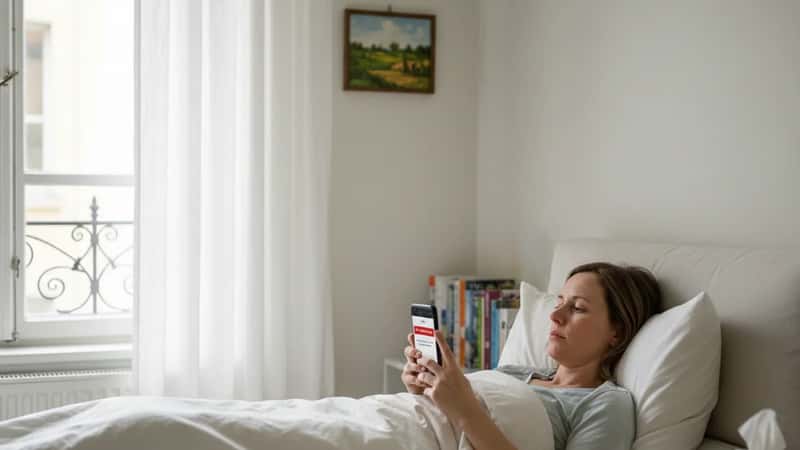 Sjuksköterska sjuk hemma under semester kontrollerar sjukanmälan på telefon