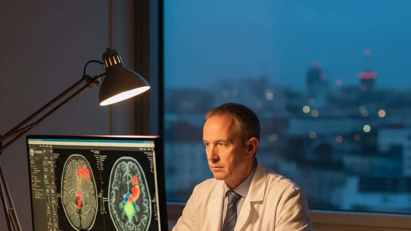 Médecin au CHU de Lyon analysant des résultats d'imagerie médicale 3D sur grand écran, lumière de bureau chaleureuse, expression concentrée