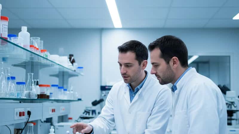 Deux chercheurs de l'INSERM Lyon examinant un modèle moléculaire en laboratoire, lumière fluorescente, équipements scientifiques en arrière-plan, discussion animée