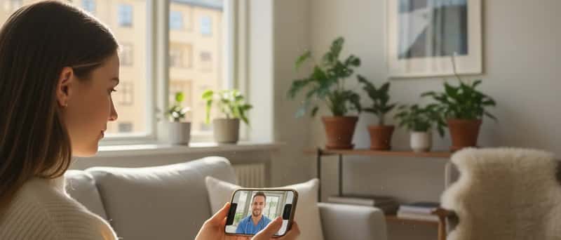 Kvinna hemma i vardagsrum konsulterar en läkare via videolänk på sin smartphone