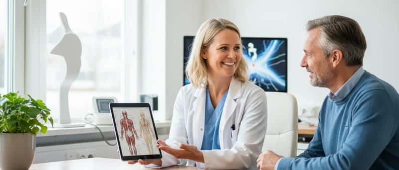 Läkare förklarar medicinsk information för en patient vid ett skrivbord på en modern vårdcentral