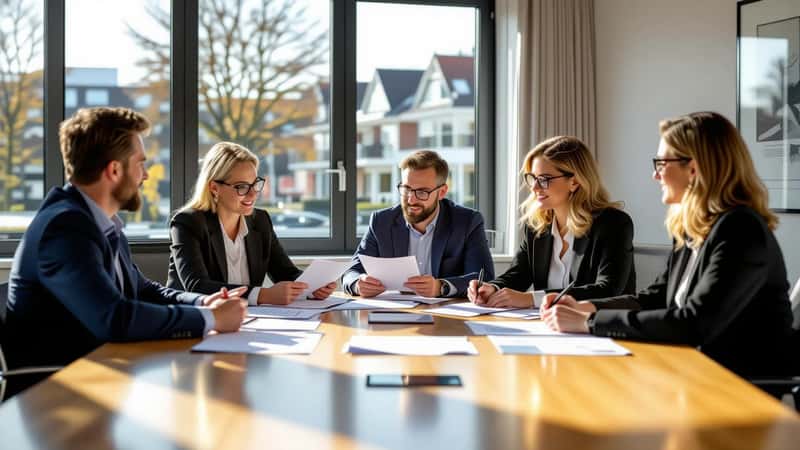 Drie Nederlandse OR-leden in een vergaderruimte in Den Haag, bestuderen samen documentatie over medezeggenschapsrechten, zakelijke kleding, natuurlijk daglicht