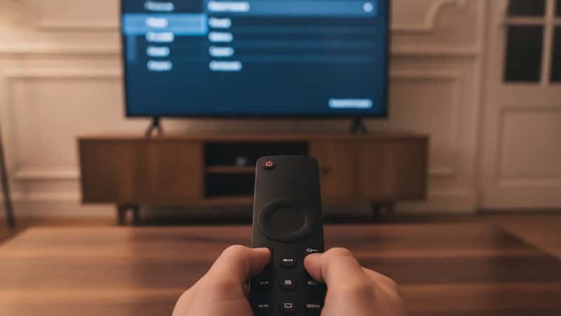 Mains tenant une télécommande Samsung devant un écran Smart TV affichant les paramètres de confidentialité, dans un appartement de Grenoble