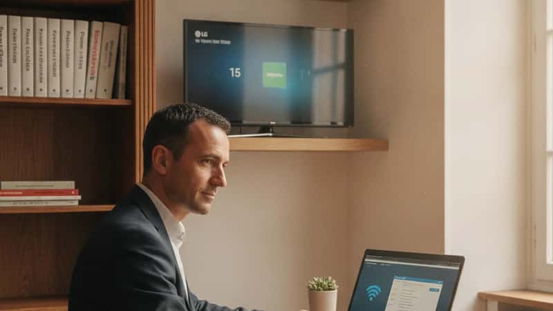 Homme français en home office à Lyon configurant les paramètres réseau de sa Smart TV sur un ordinateur portable