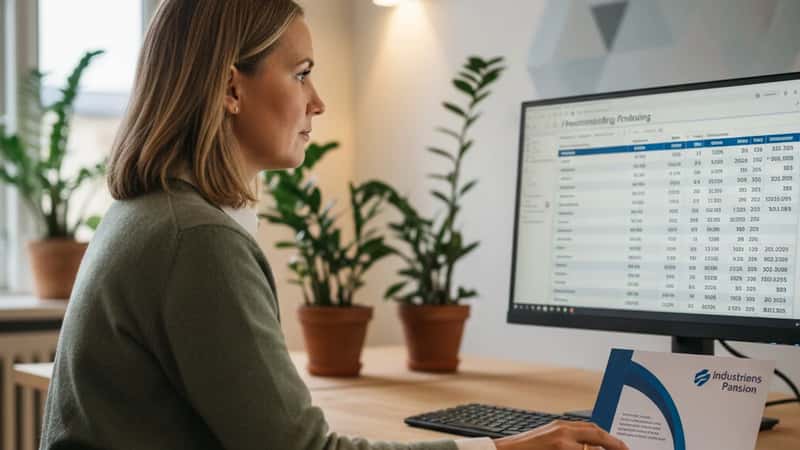 Dansk HR-ansvarlig gennemgår pensionsbidragsdata på computer i Odense-kontor