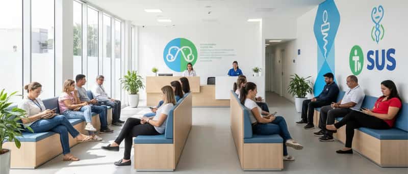 Sala de espera de clínica médica brasileira com pacientes aguardando atendimento em ambiente moderno e iluminado