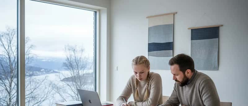 Privatlærer hjelper en norsk tenåring med matematikk ved kjøkkenbordet i et lyst skandinavisk hjem