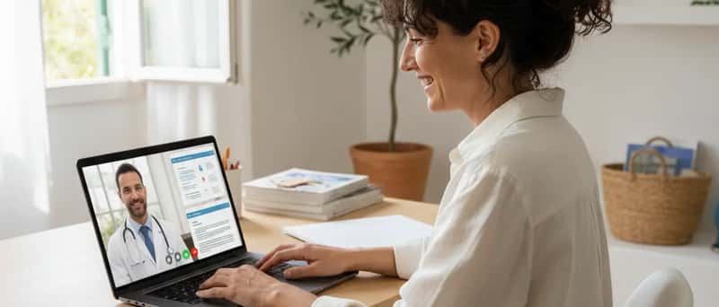 Donna italiana in videoconsulenza con un esperto su laptop in un luminoso ufficio domestico