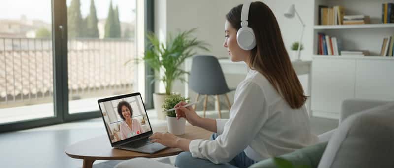 Giovane donna italiana che segue una lezione online su un laptop in un appartamento moderno, videochiamata con insegnante visibile sullo schermo