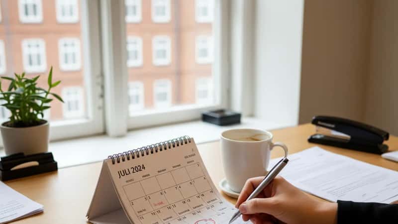 Danske hænder markerer feriedatoer på en papirkalender på et skrivebord i et Aarhus-kontormiljø med varm nordisk dagslys