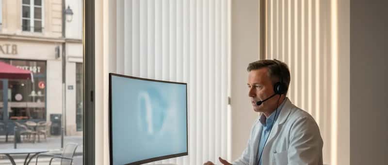 Médecin suisse en téléconsultation à son bureau dans une clinique de Lausanne