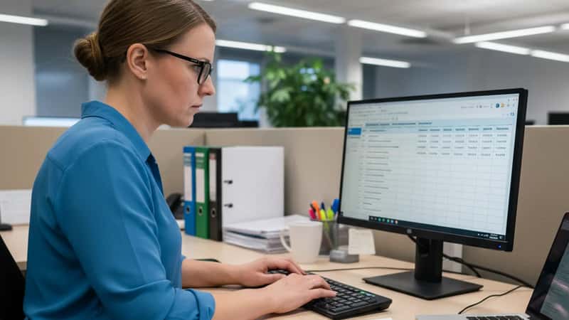 HR-johtaja kirjaa palkankorotustietoja tietokoneelle Jyväskylässä