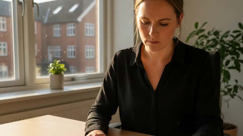 HR-medarbejder sammenligner to overenskomstbøger side om side på kontor i Silkeborg