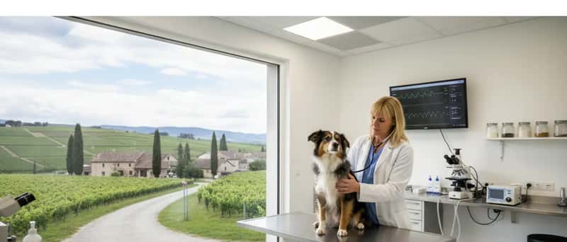 Veterinær undersøker hund på undersøkelsesbord i norsk dyreklinikk