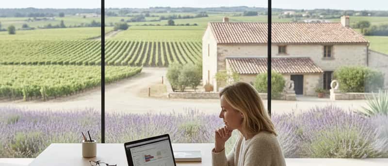 Norsk kvinne som gjennomgår pensjonsdokumenter på en laptop ved et skandinavisk skrivebord