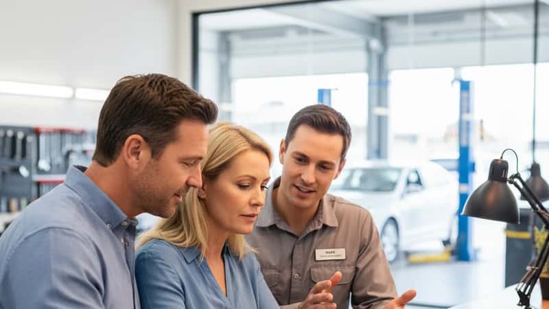 Australian couple reviewing vehicle service logbook with mechanic at counter of a clean automotive workshop in Sydney