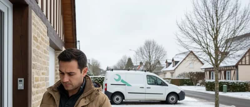 Canadian homeowner reviewing a plumber's written estimate on a clipboard at a suburban front door