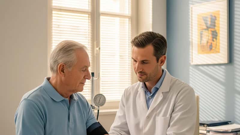 Médecin français prenant la tension d'un patient âgé dans un cabinet médical lyonnais pendant la canicule