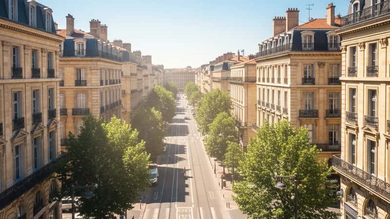 Vue d'une rue française sous la chaleur estivale — trottoirs exposés, façades réfléchissant le soleil, îlot de chaleur urbain à Bordeaux