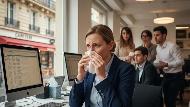 Wichita Kansas office worker at her desk feeling ill, wondering about sick leave policy implications at her workplace