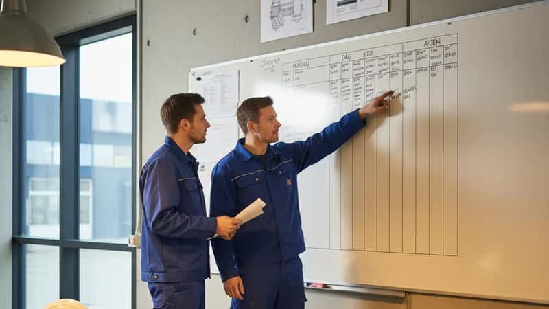 To industrimedarbejdere gennemgår vagtplan ved whiteboard i Vejle produktionsplanlokale