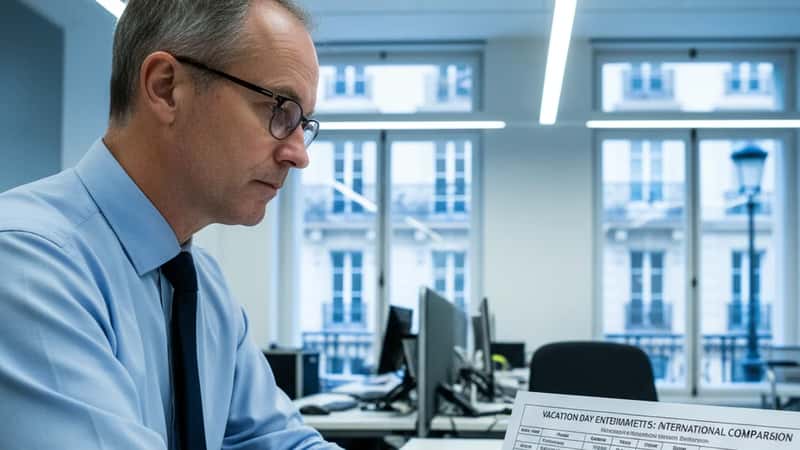 Statlig tjänsteman i 50-årsåldern planerar semesterdagar vid skrivbord på Riksrevision Stockholm: granskar jämförelsetabell för RALS vs Semesterlagen