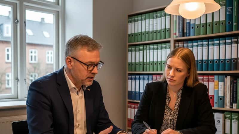 Tillidsrepræsentant og medarbejder gennemgår overenskomstdokumenter i et fagforeningskontor i Aarhus, samarbejde og rådgivning om opsigelse