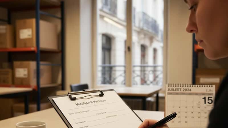 Lagerarbetare fyller i semesteransökan på clipboard i paus på ett lager