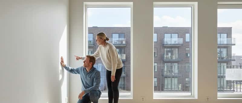 Par besøger en tom lejlighed til leje i en moderne dansk bygning under en fremvisning