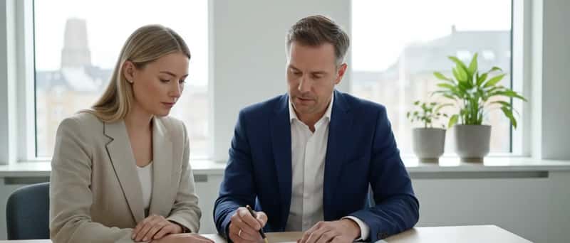 Dansk ejendomsmægler viser lejekontrakt til ung professionel på et skandinavisk kontor
