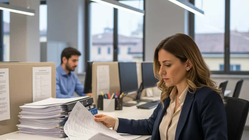 Dipendente bancaria italiana che esamina tabelle salariali del CCNL Credito in un ufficio back-office a Torino