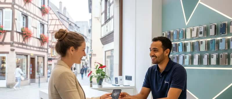 Kundin übergibt ihr defektes Smartphone an einen Techniker am Tresen einer modernen Reparaturwerkstatt