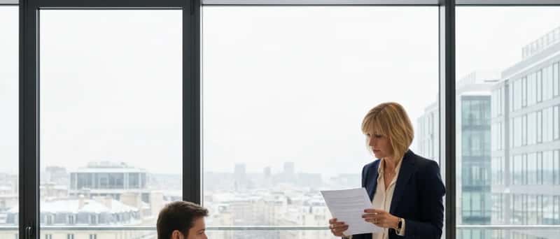 Consultante québécoise révisant un contrat TI avec un freelance dans un bureau moderne à Québec