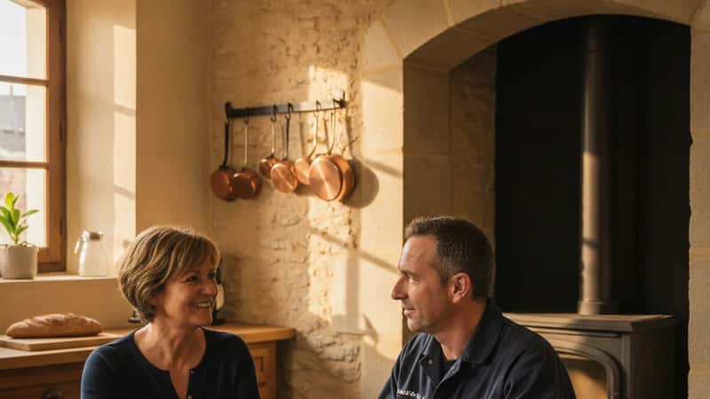 Un ramoneur certifié en tenue de travail remettant une attestation de ramonage à une propriétaire dans une cuisine lyonnaise, lumière naturelle d'après-midi