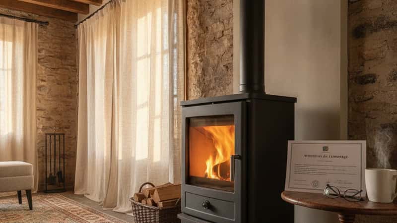 Intérieur d'un salon alsacien à Strasbourg avec un poêle à bois en fonte et une attestation de ramonage posée sur la table, lumière dorée de fin d'après-midi